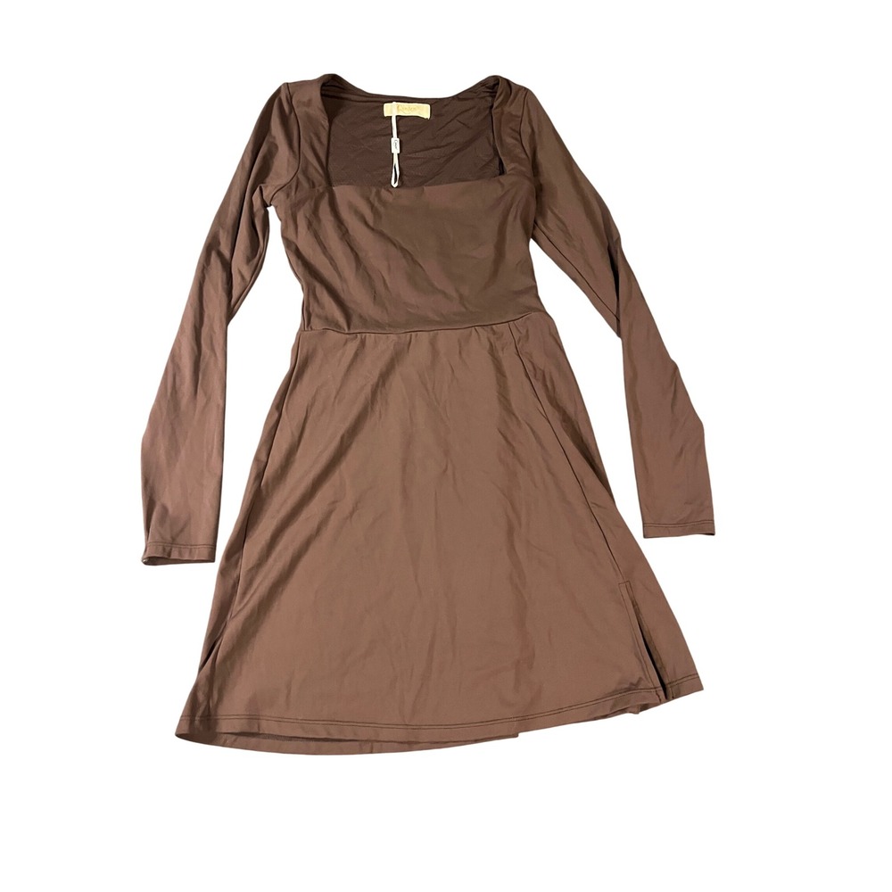 Qinsen Brown Long Sleeve Square Neck Mini Skater Dress Small NWT